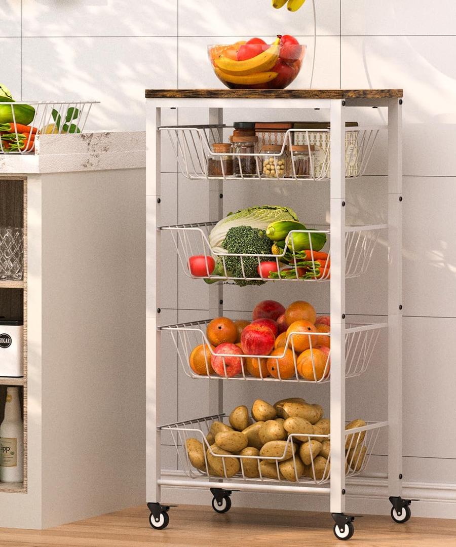 Fruit Vegetable Storage Cart for Kitchen, 5-Tier Vegetable Stand Rack with Pull-Out Fruit Baskets, Rolling Snack Cart with Wood Top & Banana Holder for Pantry, Living Room, Bathroom, White, 12.99 inches x 16.93 inches x 32.28 inches