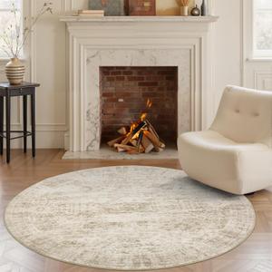 5x5 Beige Round Rug 5ft Living Room Rug Vintage Round Area Rug Non Slip Indoor Carpet for Entryway Dining Room Bedroom