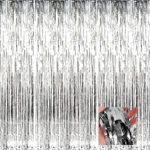 4 Pack Silver Foil Fringe Curtain Backdrop, 3.28Ft x 6.56Ft Metallic Tinsel Foil Fringe Streamers Curtains for Photo Booth, Wedding, Thanksgiving, Birthday, Christmas, Halloween Party Decoration