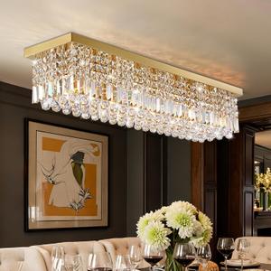 Rectangle Chandelier 8-Light Crystal Chandeliers, Modern Dining Room Light Fixture Luxury Gold Rectangular Flush Mount Chandelier Ceiling Light for Dining Room Living Room Kitchen Island Bar L40 Inch