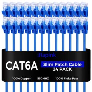 Rapink Cat6a 3ft Ethernet Cables (24 Pack) - Slim, 10G Support, Snagless, Flexible with Gold Plated Connectors