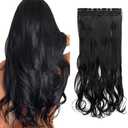 iLUU 24" 120g 1-Pack Curly Wave Black Hair Color 5 Clips in on Synthetic Hair Extensions Long Heat-resisting Friendly Fiber Hairpieces for Women Beauty Girl, Color #1 Hairpiece