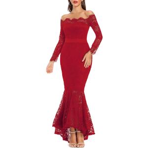 LALAGEN Women's Floral Lace Long Sleeve Off Shoulder Wedding Mermaid Dress (Medium, Red)