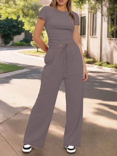Women's 2 Piece Lounge Set Ruched Short Sleeve Tops High Waisted Wide Leg Pants, Small
