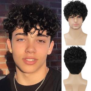 Mens Curly Wigs Black Short Wig Synthetic Heat Resistant Costume Wig Mens Daily Cosplay Party Halloween