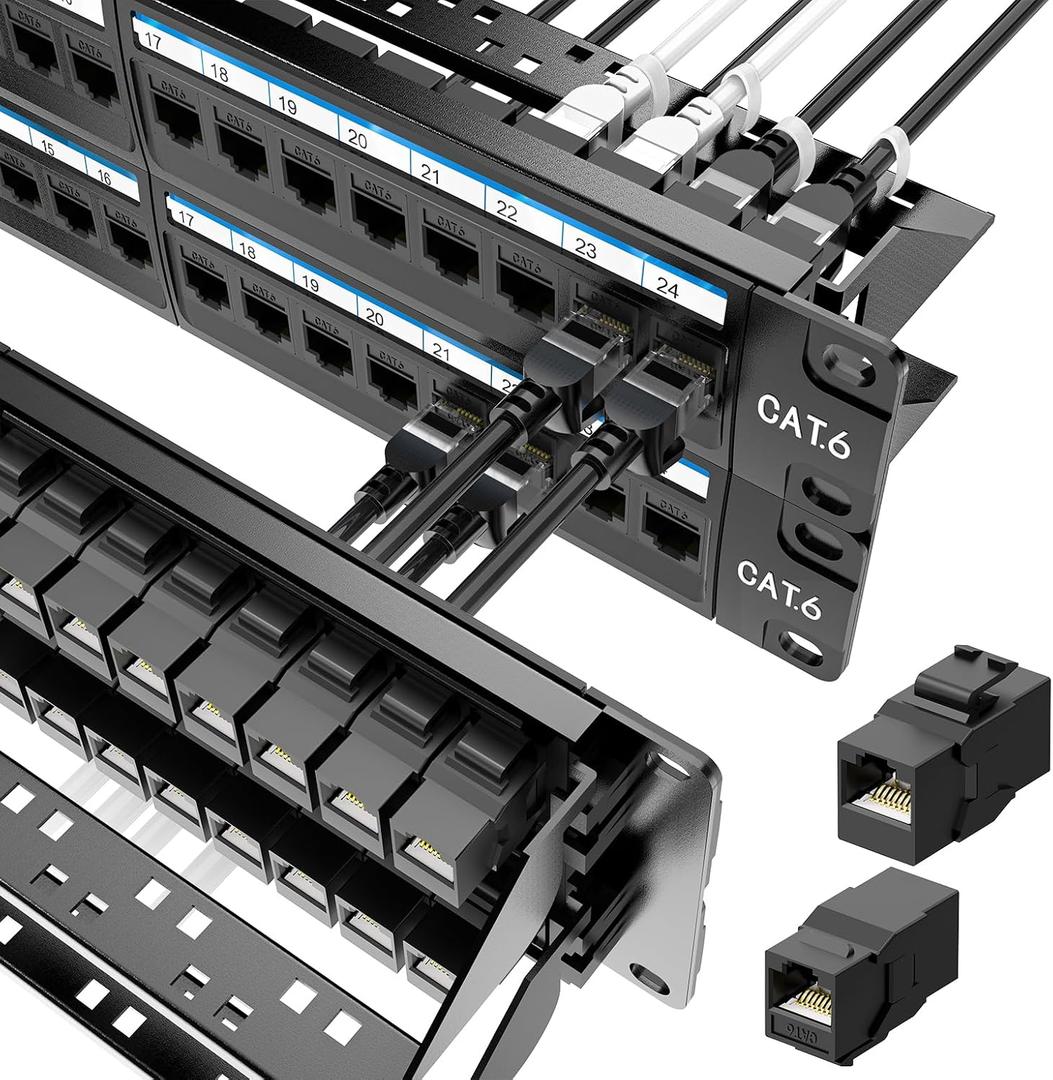 Jadaol [UL Listed] 48 Port Patch Panel Rackmount or Wall Mount 19-Inch, 2U Cat 6 Network Panel Preloaded with 48 Keystone Couplers Plus 2 Spare, 10Gbps Ethernet Panel with Cable Management & Back Bar