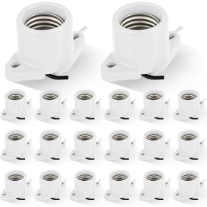 20 Pcs E26 Light Socket Porcelain Lamp Holder Socket Medium Keyless Threaded Base with Two Hole Flange Mounting and 6" Wire Indoor Garage Closet Lighting