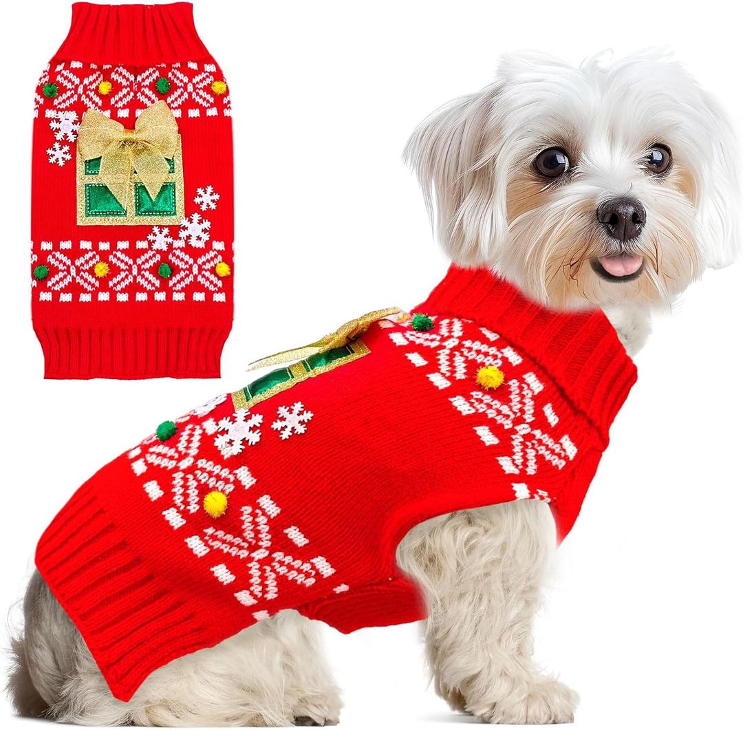 ABRRLO Dog Christmas Sweater Xmas Dogs Outfits New Year Holiday Costumes Puppy Cat Sweater with Leash Hole for Small Medium Large Dogs Girl Boys Dog Clothes (10-Red Present, Medium)