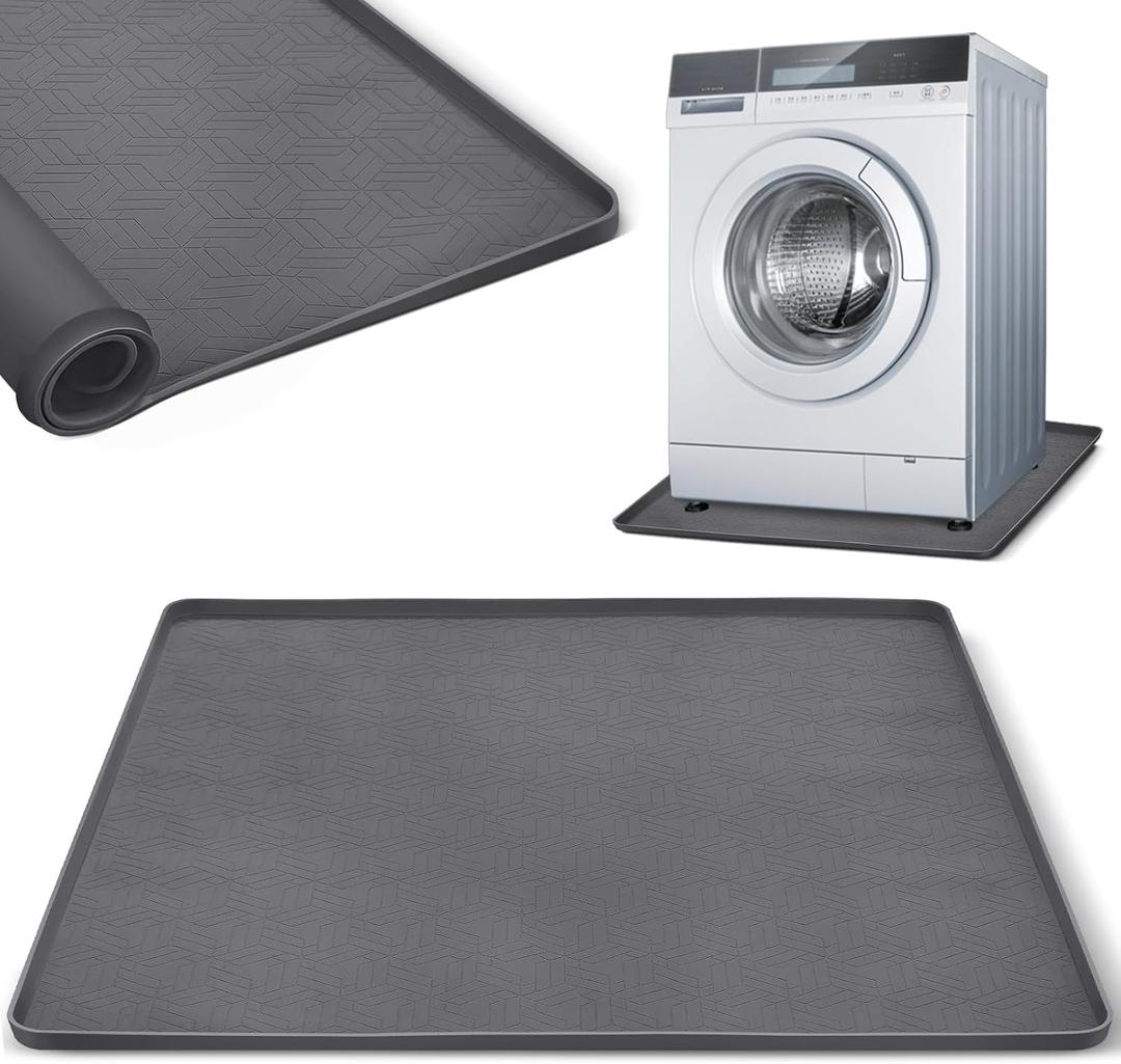 Washing Machine Drain Pan, Extra-Large Silicone Washing Machine Mat with High Raised Edges, Non-Slip Waterproof Washer Drip Tray, Leak Proof Anti-Vibration Floor Protector (27 x 27 Inch, Grey)