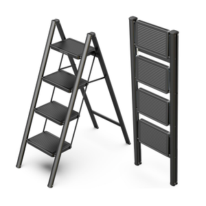 4 Step Foldable Step Stool, 330lbs Load, Black
Folded 46'' H x 2'' T; Net 12.5 lbs; Anti-Slip Feet Grip Wood, Tile, Carpet; Wide Pedals; For Shelves, Repairs.