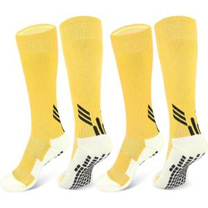 ZEPOHCK 2 Pairs Kids Non Slip Football Knee Length Socks Football/Hockey Grip Socks Suitable For Boys and Girls Aged 6-12 (Yellow)