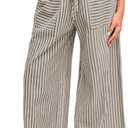 Yeokou Women's Wide Leg Pants Drawstring Striped Cotton Mid Rise Casual Long Palazzo Trousers with Pockets (Beige, L)