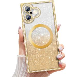 Misscase Magnetic Glitter Case for iPhone 17 6.3 Inch, Camera Protection, Compatible with MagSafe, Rectangle Cute Bling Sparkle Diamond Colorful Phone Cover, Drop-Tested & Shockproof-Gold