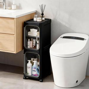 LXLXXL Narrow Storage Cabinet Slim Bathroom Storage Cabinet with Movable Wheels Tall Bathroom Organizer Skinny Cabinet for Small Spaces 2-Tier Black
