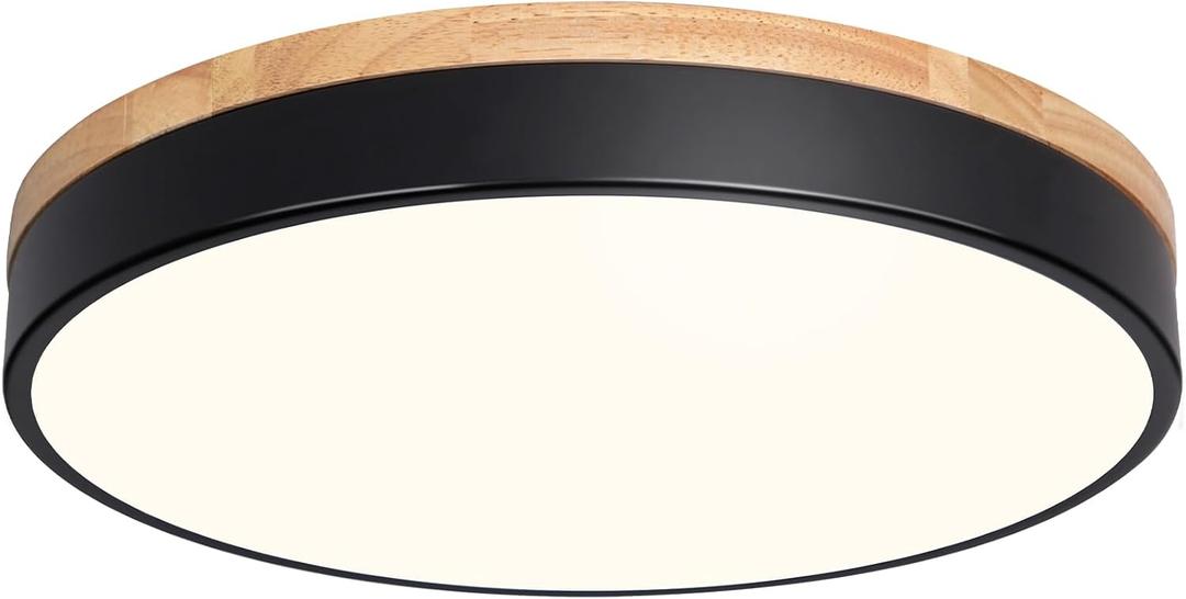 Modern Wood Flush Mount Ceiling Light, Black LED 5CCT 2700K-6000K Dimmable Ceiling Light Fixtures, Round Close to Lighting Fixture for Kitchen Living Room Dining Room Bedroom-15.8in, 15.74"