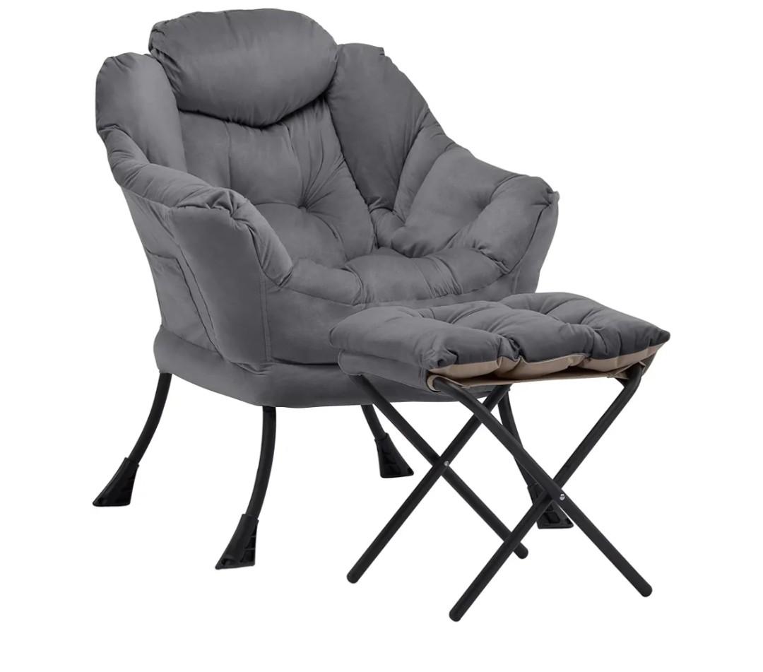 Lazy Chair with Ottoman, Comfy Accent Lounge Chair with Side Pocket, Modern Reading Armchair with Footrest, Upholstered Sofa Chair for Small Spaces, Bedroom, Living Room, Dorm, Dark grey