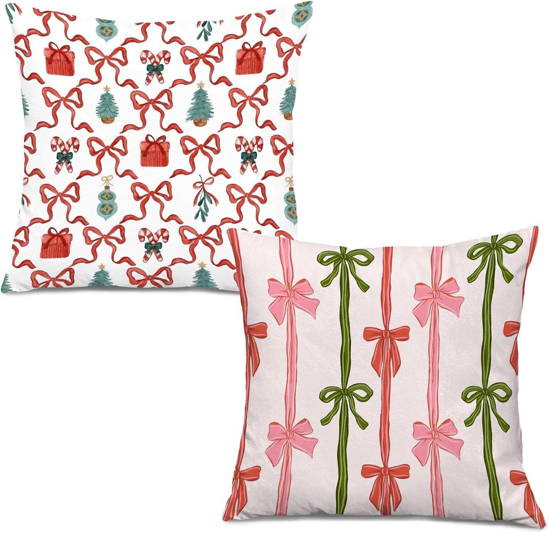 Coquette Christmas Bow Pillow Covers 18x18 Set of 2, Coquette Christmas Decor, Preppy Girly Xmas Winter Holiday Decorative Throw Pillow Covers for Girls Bedroom Living Room Home (Color 15)
