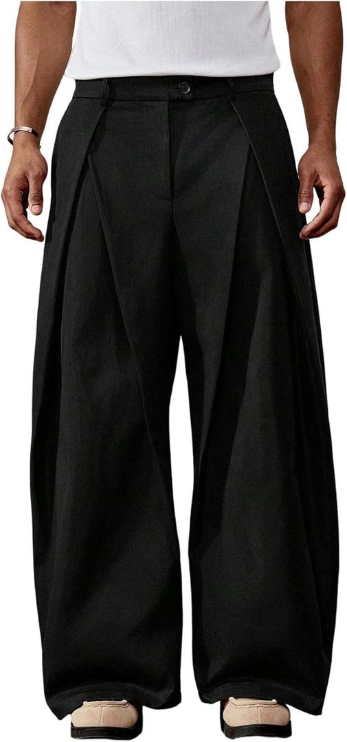 Men's Wide Leg Baggy Pants Zipper Fly Pleated Dress Pants Casual Business Suit Trousers with Pockets Slacks for Men (Medium, Black)