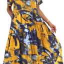 YESNO Women Casual Loose Bohemian Floral Dress with Pockets Short Sleeve Long Maxi Summer Beach Swing Dress EJF (XL)