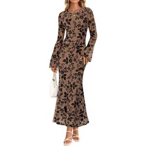 ZESICA Women's Long Sleeve Floral Bodycon Dress 2026 Spring Fall Ruched Mesh Wedding Guest Cocktail Party Maxi Dresses Size M
