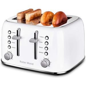 Roter Mond Toaster 4 Slice Retro Stainless Steel with Extra Wide Slots Bagel, Defrost, Reheat Function, Dual Independent Control Panel, Removable Crumb Tray, 6 Browning Levels, White