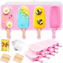 3pcs Large Silicone Popsicle Molds with Lids,4 Cavities Cake Pop Molds,Oval Ice Cream Bar Mold Ice Pop Cakesicle Molds Silicone with 100 Wooden Sticks & 100 Bags &100 Twist Ties(Pink)