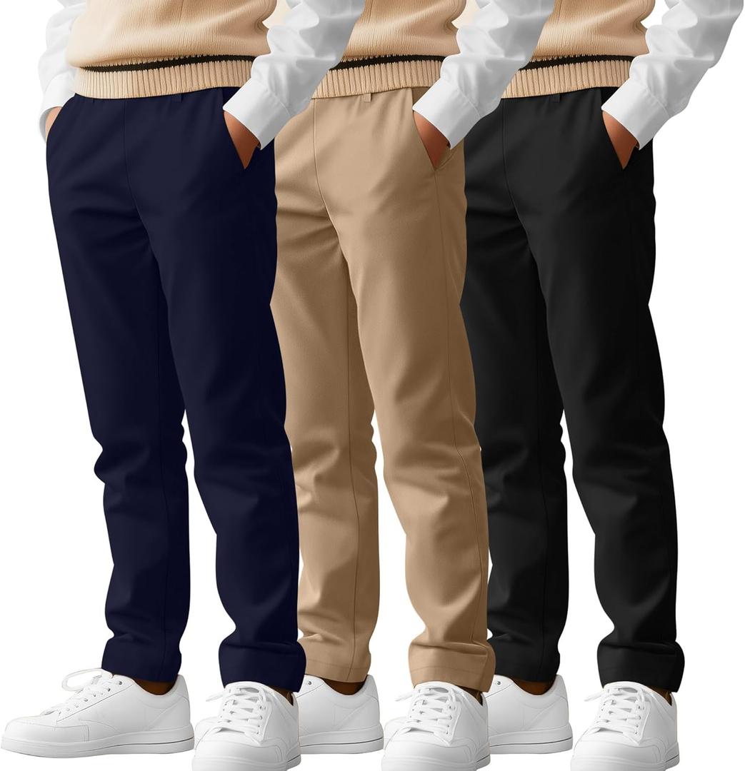 3 Pack Boys' School Uniform Pants Elastic Waist Stretch Youth Trousers with Pockets Straight Fit for Kids (10-11 Years, Navy Blue, Khaki, Black)