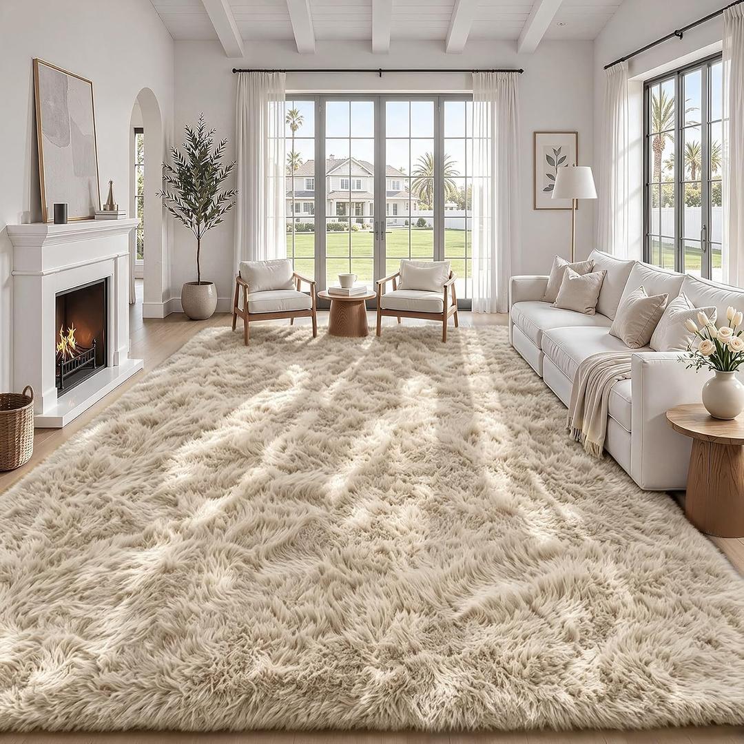 TENGTENGLINK 9x12 Fluffy Shag Area Rug Living Room Bedroom Washable Camel