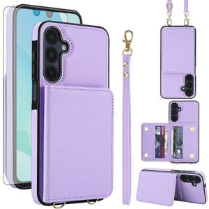 Asuwish Phone Case for Samsung Galaxy A54 5G Wallet Cell Cover with Tempered Glass Screen Protector Wrist Crossbody Strap RFID Blocking Credit Card Holder A545G A 54 54A 4G G5 SM A546U Women Purple