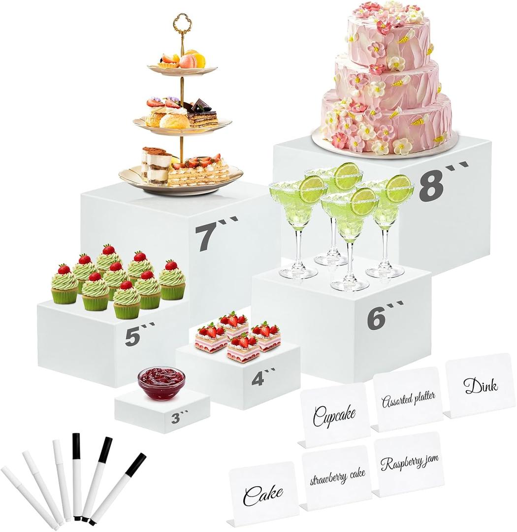 6 Pcs White Acrylic Buffet Risers with Mini Sign and Maker, Food Display Stands for Buffet Table Party Catering Dessert Jewelry Collectibles,Nesting Cube Boxes with Hollow Bottoms