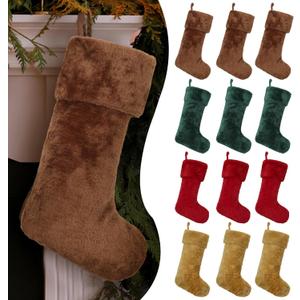 Hoosige 12 Pcs Christmas Stocking 18'' Bulk Thick Plush Fabric Hanging Christmas Stocking Decorations for Xmas Holiday Family Party Tree Fireplace Classic Ornaments (Red,Brown,Khaki,Dark Green)