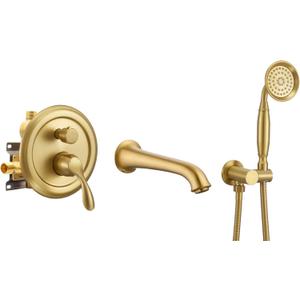 DASAN Antique Wall Mount Tub Filler Faucet with Hand Held Shower, Brushed Gold Brass Bathtub Faucet with Sprayer Wall Mounted Roman Bath Tub Faucet Set with High Flow Rough in Valve, AT201TF-BTG