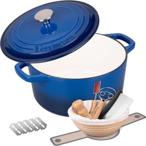 VORRINGARD Enameled Cast Iron Dutch Oven Pot with Lid, for Bread Baking, Round Bread Oven- include Sourdough Bread Baking Supplies Set, 4.5QT, Blue