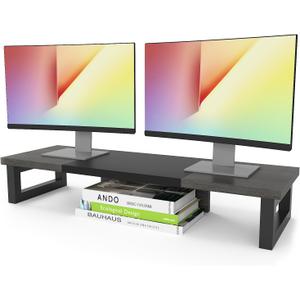 WESTREE Dual Monitor Stand Riser, Wood and Steel Monitor Stand Riser, Computer Monitor Stand for 2 Monitors, Multi-Purpose Desktop Storage Stand for Computer,Laptop,Printer, TV, Large, Grey, Black
