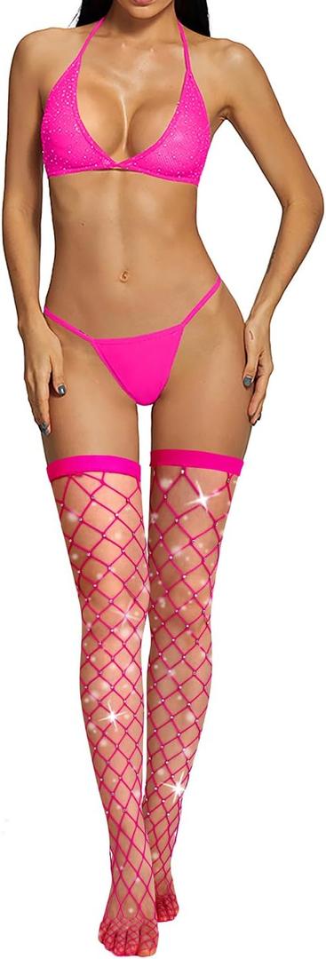 Violet Mist Women's Sexy Sparkly Thigh High Stockings Glitter Rhinestone Neon Fishnets Jeweled Fishnet Tights Party Pantyhose, One Size