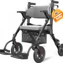 VOCIC Rollator-Walkers-for-Seniors-with-Seat, Walker Wheelchair Combo, Transport-Wheelchair-Lightweight-Foldable, Adult Walkers All Terrain, 2 in 1 Rolling Walker Chair with Brakes & Pouch