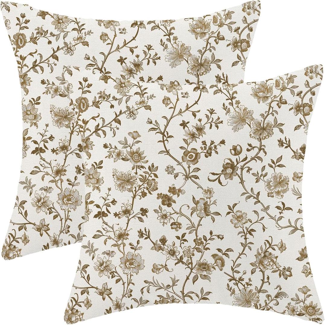 AEIOAE Brown Floral Pillow Covers 18x18 Inch Set of 2, Chinoiserie Cream Vintage Flower Throw Pillows Case, Boho Spring Outdoor Decorative Farmhouse Decor Cushion Covers for Home Sofa Bed Couch