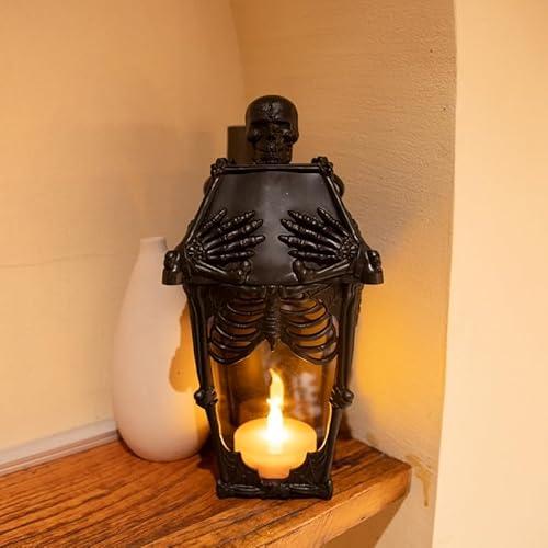 Halloween Skeleton Lantern, White Gothic Decorative Candle Holder with LED Light, Indoor Spooky Decor for Home (Black) Pack Of 2