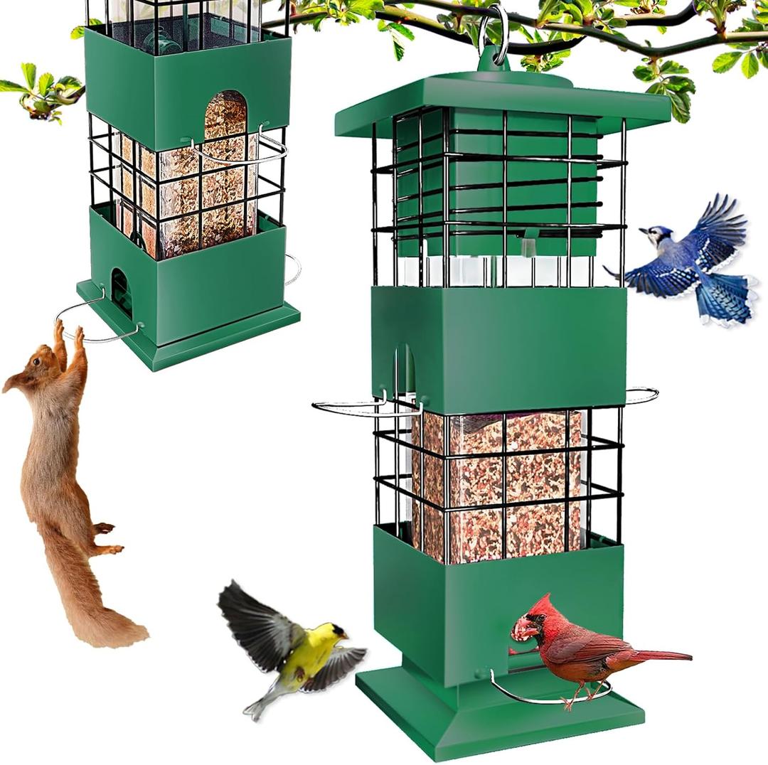 Squirrel Proof Bird Feeder, 3.5Lbs Metal Wild Bird Feeders Anti Squirrel with 4 Feeding Ports for Garden Bird Feeding Station Outdoors Hanging, Pigeon Resistant, Easy to Clean & Refill (Green)