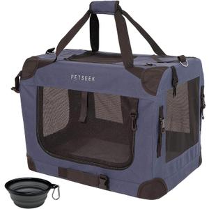 Petseek Extra Large Cat Carrier Soft Sided, Portable Small Dog Carrier for 2 Cats, 24"x16.5"x16" Car Travel Folding Comfortable Design with Bowl, Blue