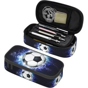 Soccer Ball Pencil Box Sports Pencil Case for Boys Men, Large Capacity Durable Blue Black Pencil Pouch Storage Pen Bag Stationary Case with Double Zippers