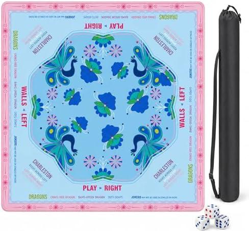Hedaxynzr Blue Mahjong Mat 31.5" x 31.5" with American Mahjong Rules, Ships Rolled, Wrinkle-Free, Non-Slip Rubber Backing, Noise Reducing Game Table Mat with Carry Bag & Dice, Elegant Peacock Floral (2-Pack)