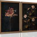 2Pcs Framed Vintage Wall Art Prints, Retro Moody Floral Botanical Canvas Painting Farmhouse Decor, Black Dark Flower Picture Poster for Bathroom, Bedroom, Living Room, Gallery 12X16In