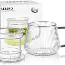 Lezero Tea Infuser Cup with Filter and Lids, Borosilicate Glass Mugs with Strainer for Blooming & Loose Leaf, Lead-free, Microwave & Dishwasher Safe, 14oz