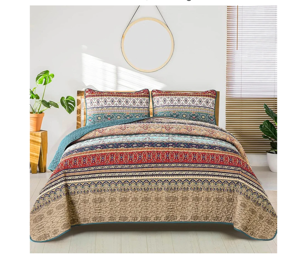 WONGS BEDDING Boho Quilt Set California King, Green and Brown Bohemian Striped Pattern Printed Quilt Coverlet, Lightweight Microfiber Bedspread for All Season 106"x96"(3 Pieces, Cal King)