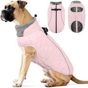 QBLEEV Dog Coat for Large Dogs, Winter Warm Fleece Vest, Waterproof & Windproof with Adjustable Fit, Built-in Harness, Reflective Trim & Zip-Up for Safe Cozy Walks  Pink, XL, for Pitbull, Boxer