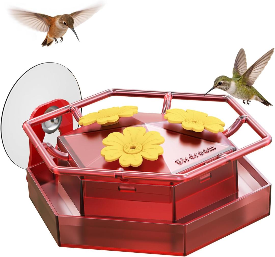 Birdream Window Hummingbird Feeders for Outdoors, Hummingbird Feeder with Strong Suction Cups, Built-in Ant Moat, Easy to Clean & Refill, 4.4oz, Red