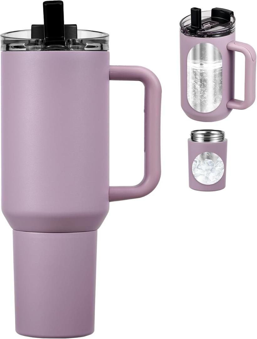 40oz Insulated Tumbler with 2-in-1 Lid and Straw, Bottom Detachable 2-in-1 Tumbler with Handle Stainless Steel Water Bottle Reusable Coffee Tumbler Travel Mug Wide Mouth Thermal Cup (Purple)