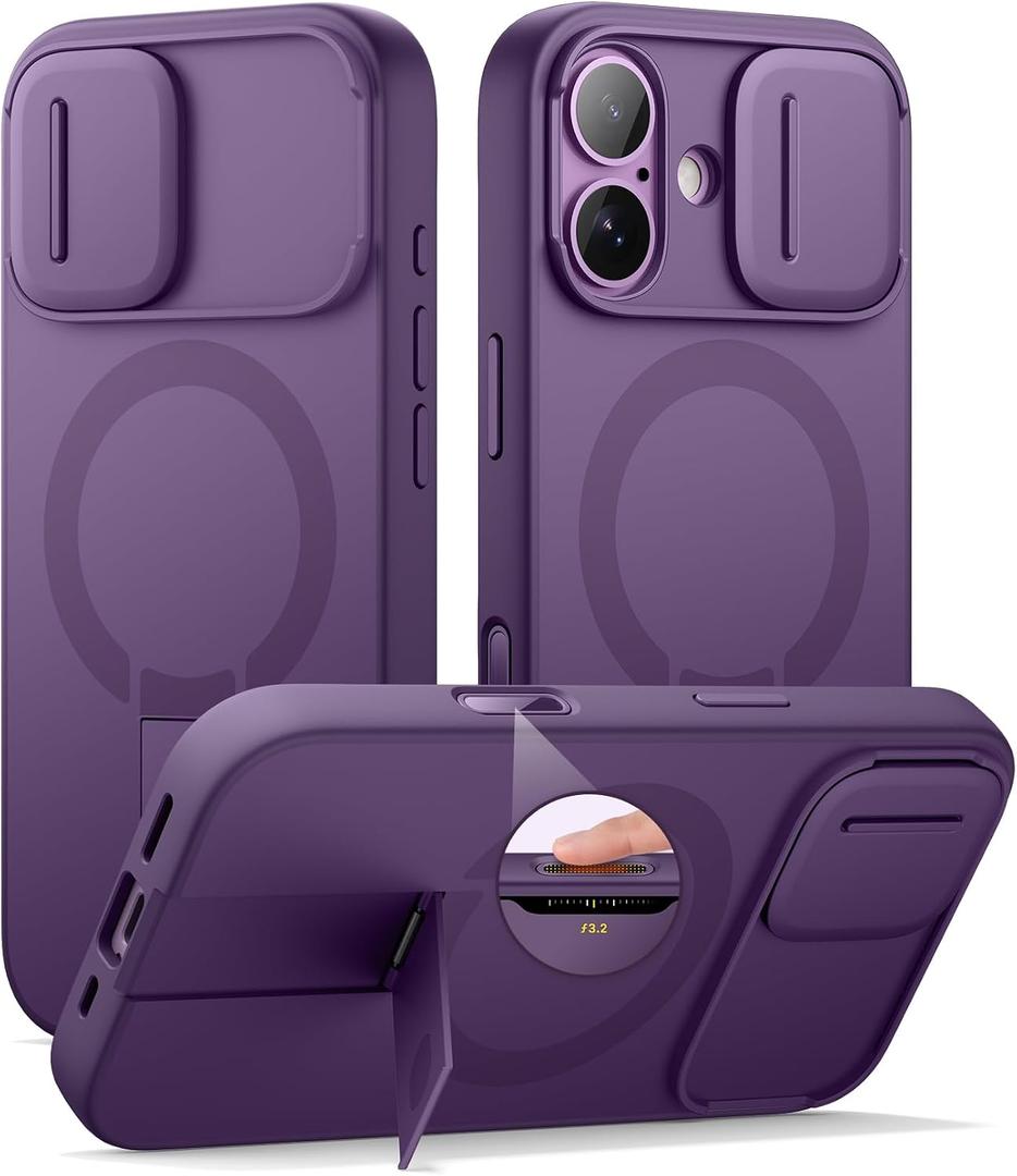 SURITCH for iPhone 17 Case with Camera Control Cover, Camera Slide Cover and Adjustable Kickstand, Compatible with MagSafe, Shockproof Bumper Protective Cases 6.3 Inch, Dark Purple