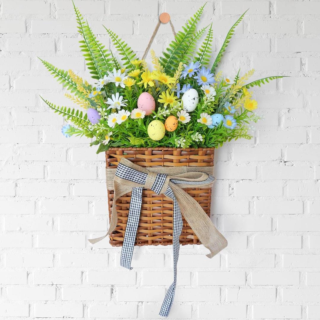 Basket Wreath 17 Inch Spring Summer Door Hanger Basket Eggs Wreath Artificial Summer Flowers Wreaths with Green Leaves Daisy for Front Door Indoors Outdoor Decor